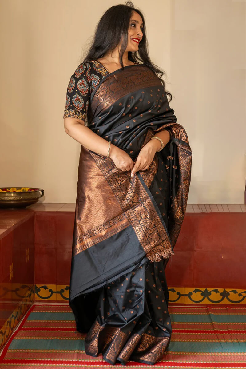 Epiphany Black Soft Silk Saree With Serendipity Blouse Piece