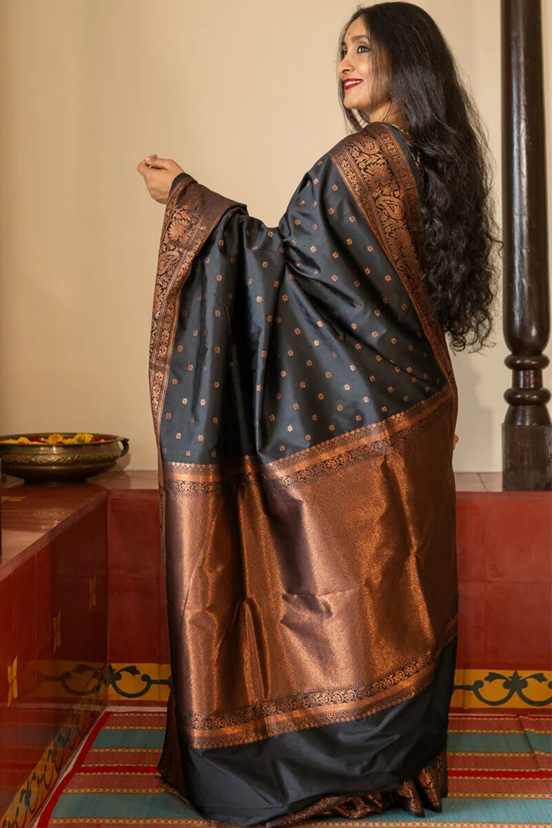 Epiphany Black Soft Silk Saree With Serendipity Blouse Piece