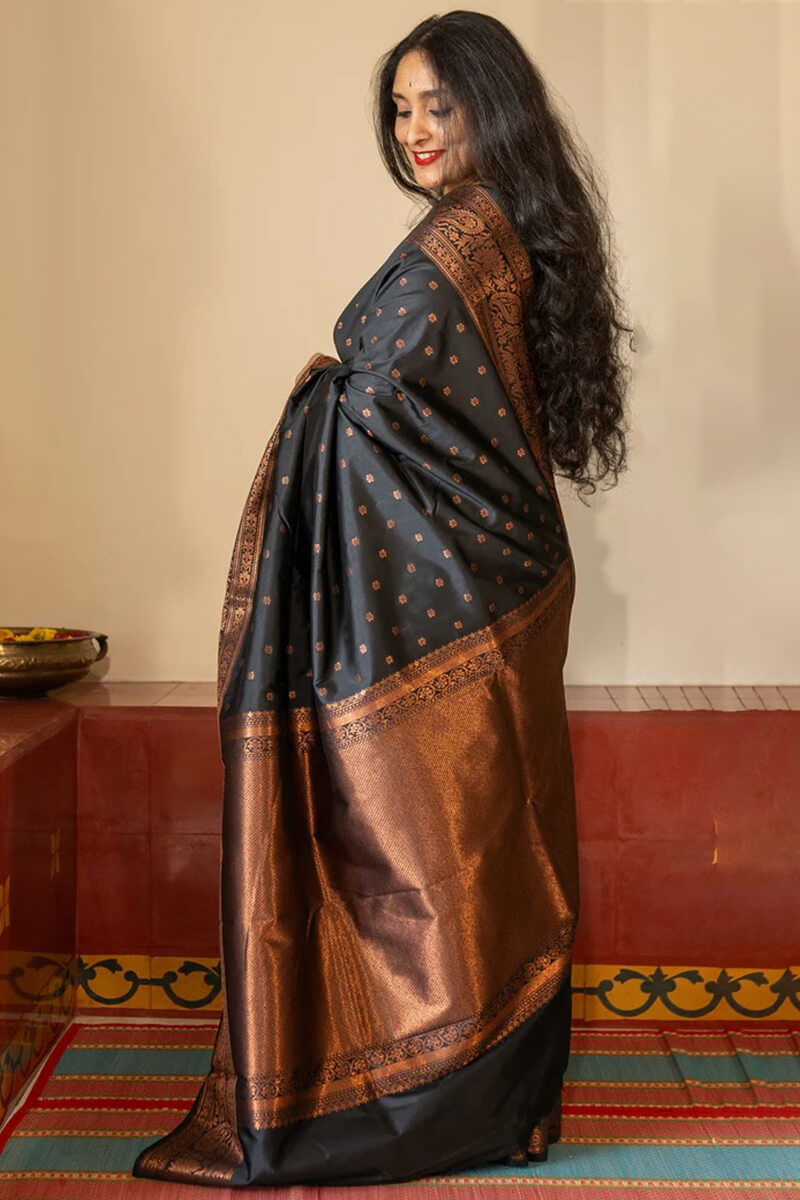 Epiphany Black Soft Silk Saree With Serendipity Blouse Piece