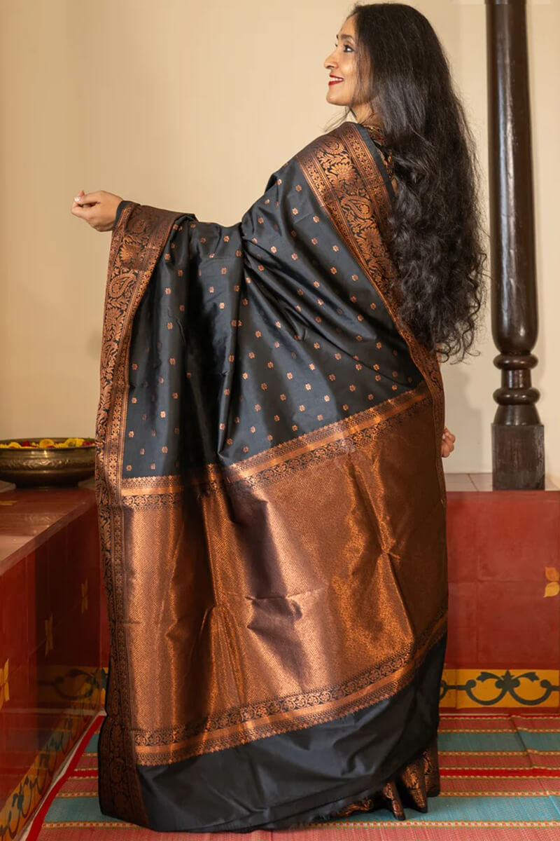 Epiphany Black Soft Silk Saree With Serendipity Blouse Piece