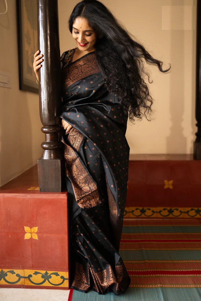 Epiphany Black Soft Silk Saree With Serendipity Blouse Piece