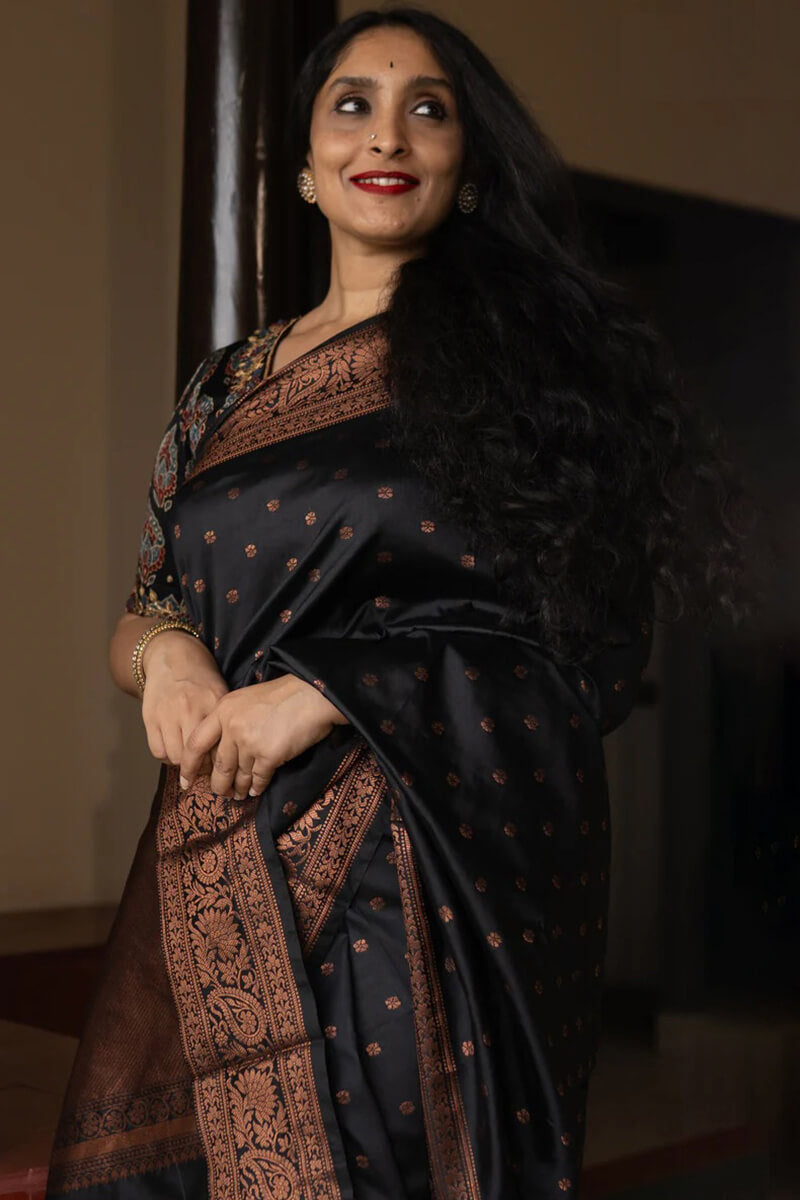 Epiphany Black Soft Silk Saree With Serendipity Blouse Piece