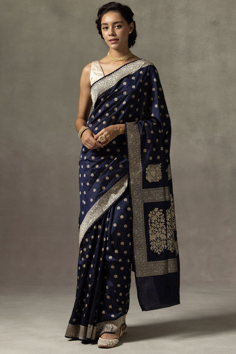 Seraglio Navy Blue Soft Silk Saree With Beleaguer Blouse Piece