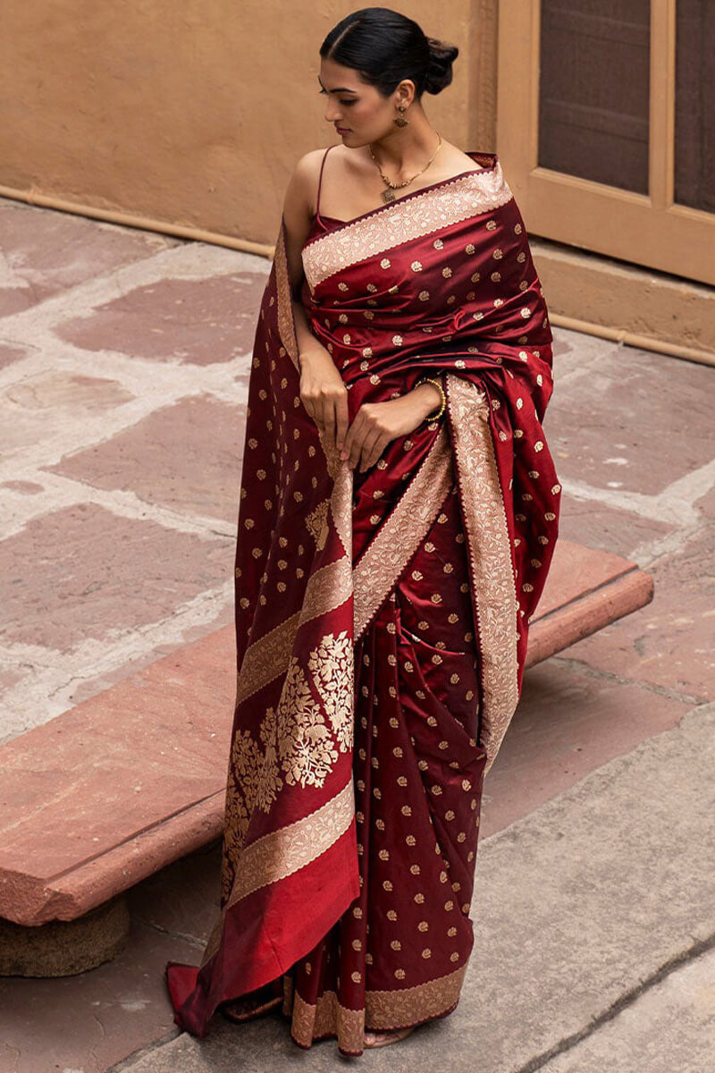 Trendy Wine Soft Silk Saree With Blissful Blouse Piece