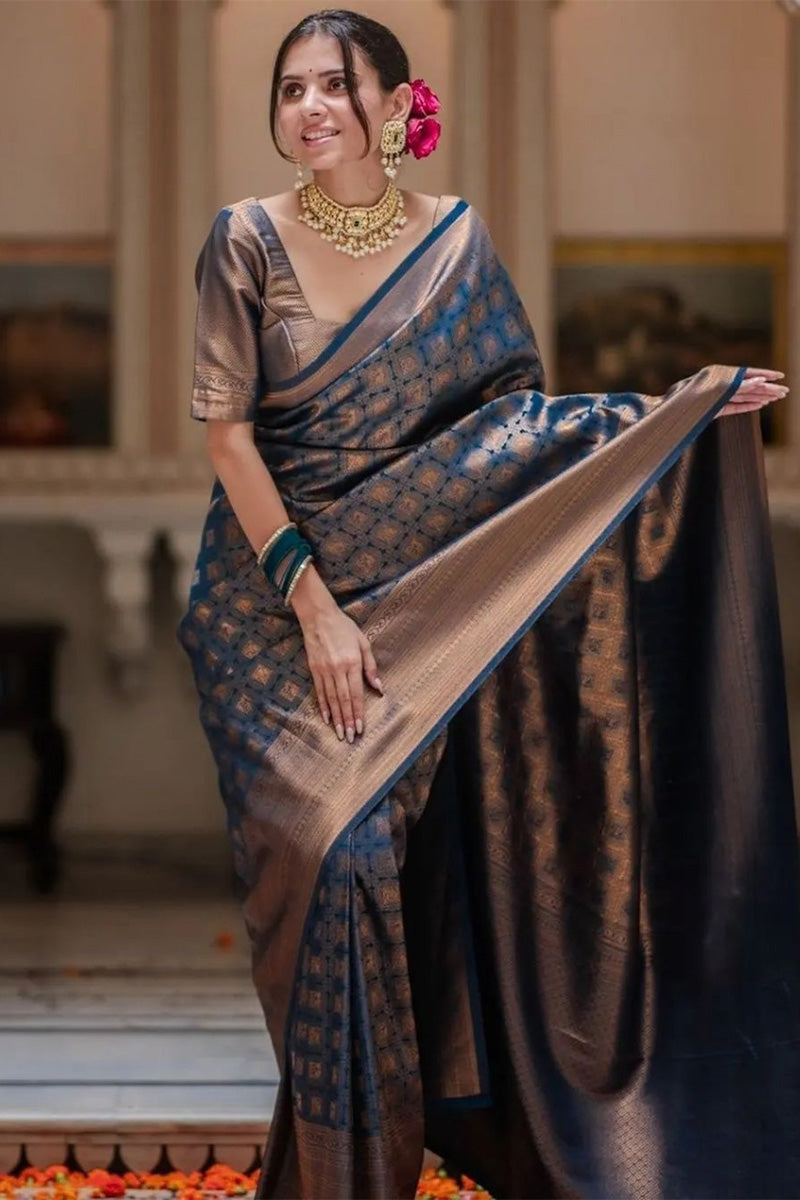 Fantabulous Blue Soft Silk Saree With Exemplary Blouse Piece