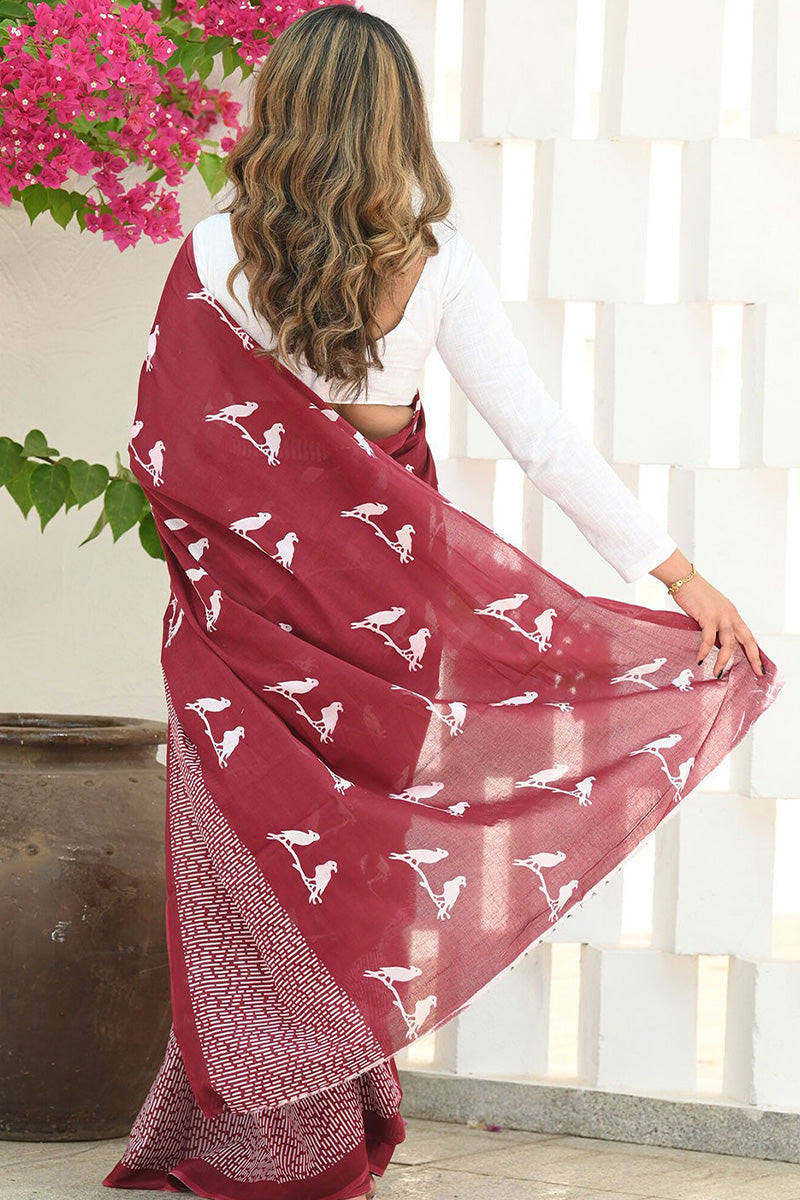 Transcendent Maroon Cotton Silk Saree With Enigmatic Blouse Piece