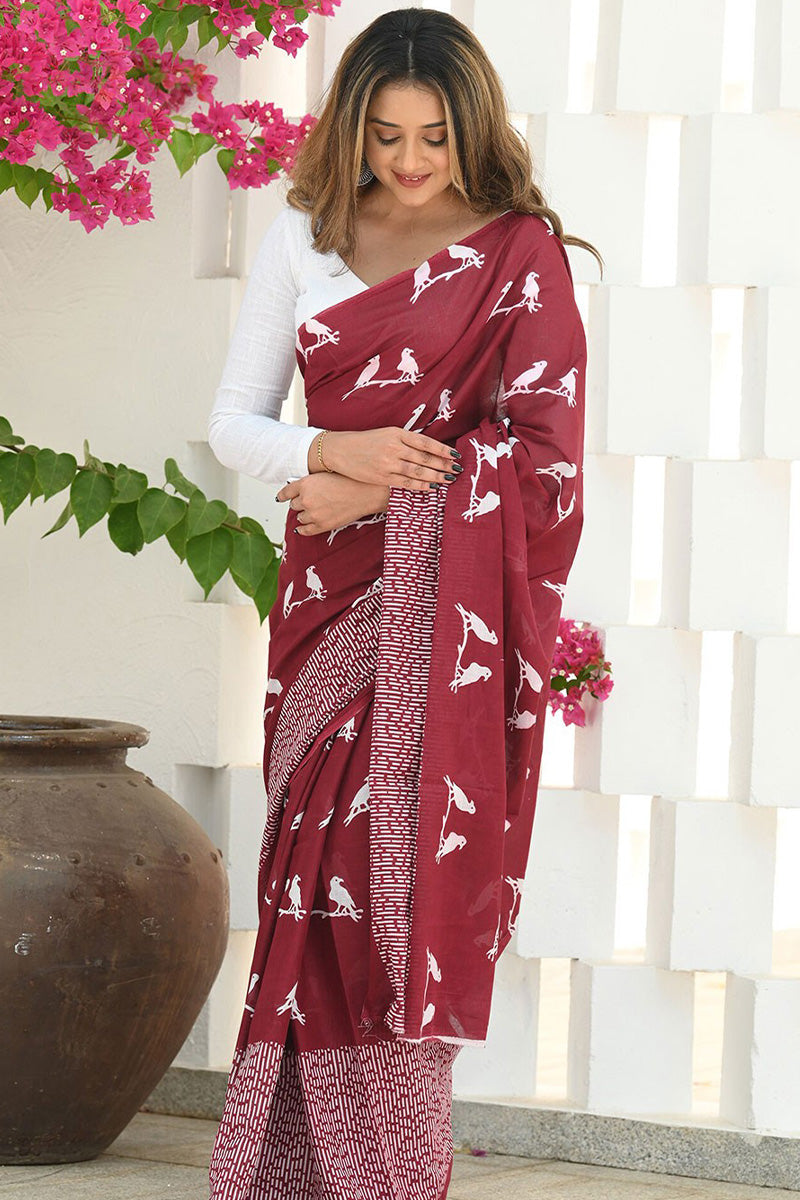 Transcendent Maroon Cotton Silk Saree With Enigmatic Blouse Piece