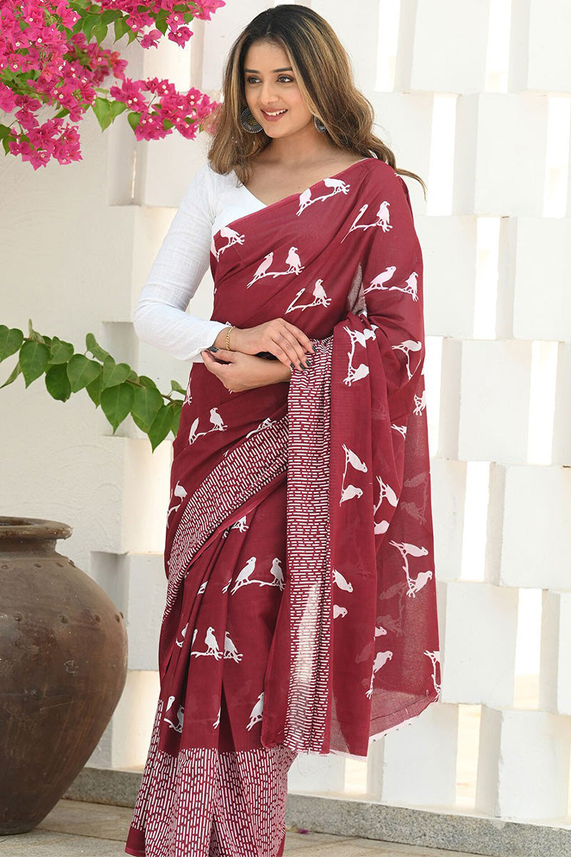 Transcendent Maroon Cotton Silk Saree With Enigmatic Blouse Piece