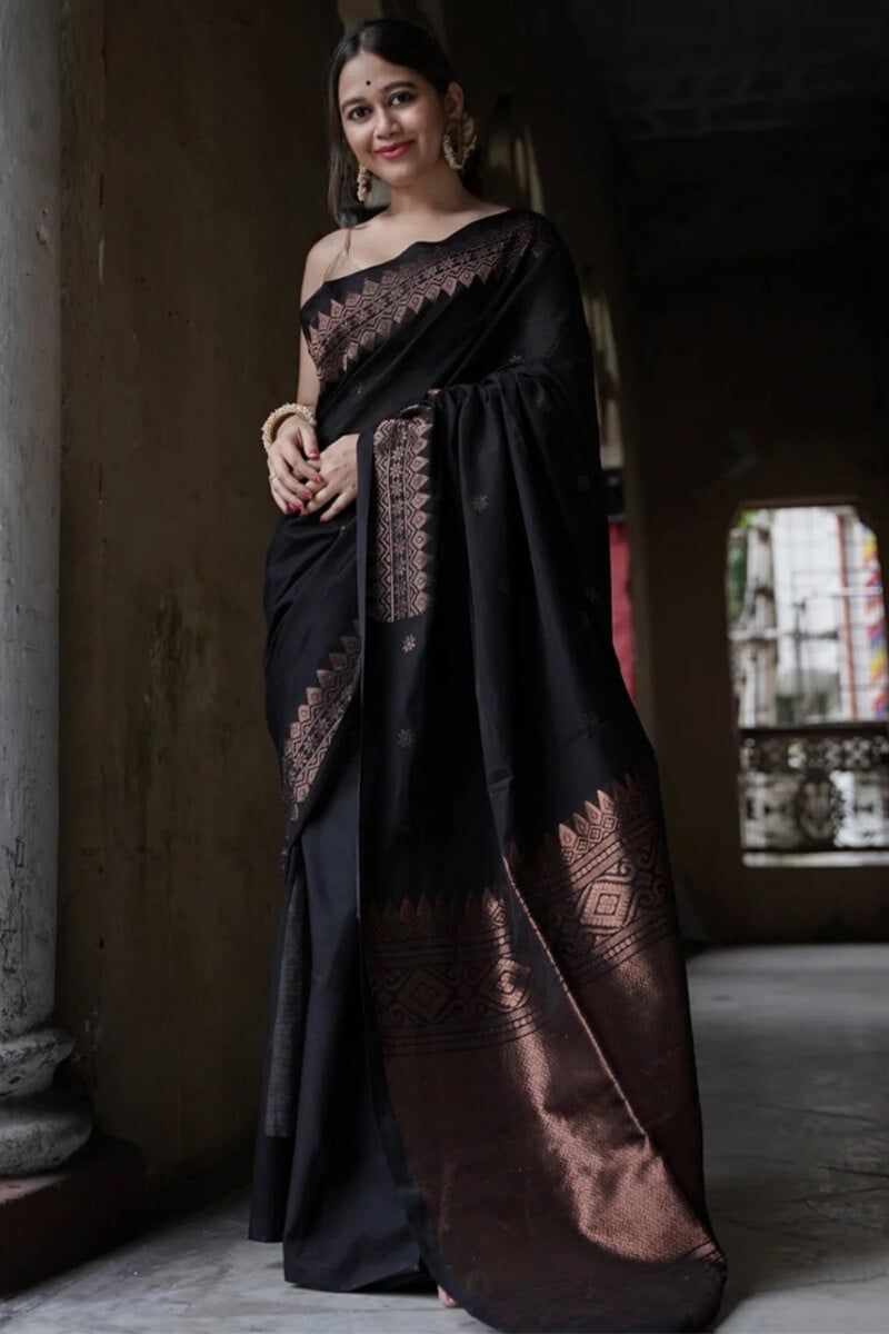 Imbrication Black Soft Silk Saree With Devastating Blouse Piece