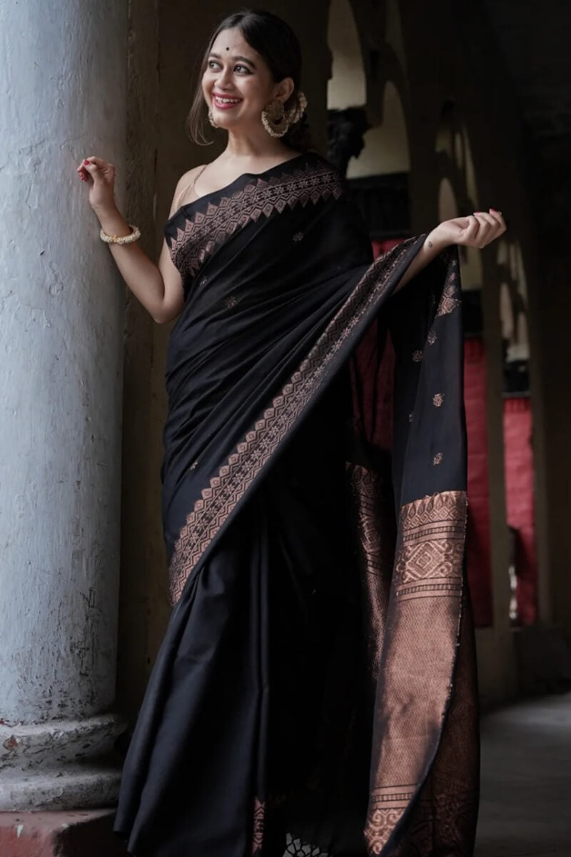 Imbrication Black Soft Silk Saree With Devastating Blouse Piece