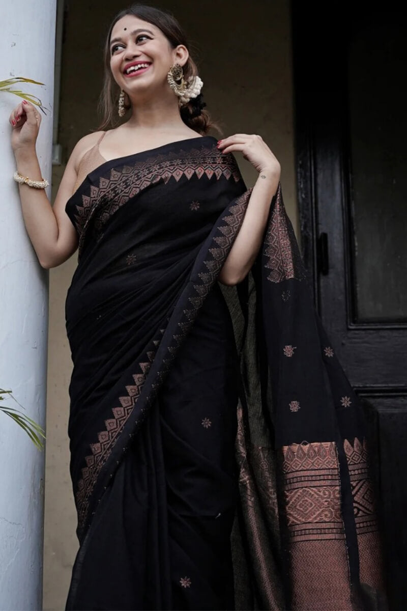Imbrication Black Soft Silk Saree With Devastating Blouse Piece