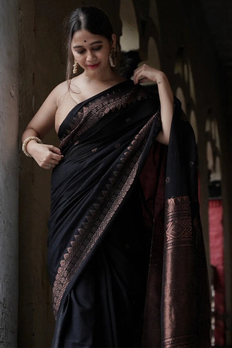 Imbrication Black Soft Silk Saree With Devastating Blouse Piece