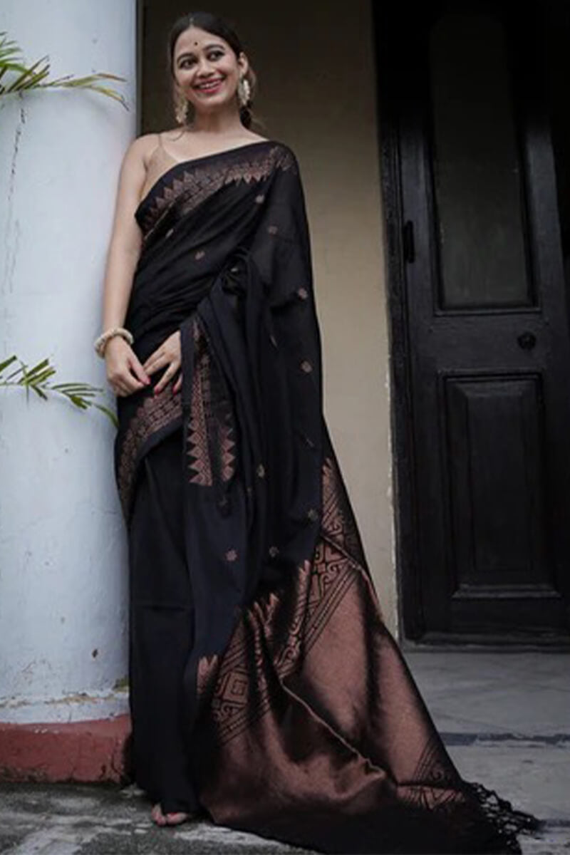 Imbrication Black Soft Silk Saree With Devastating Blouse Piece