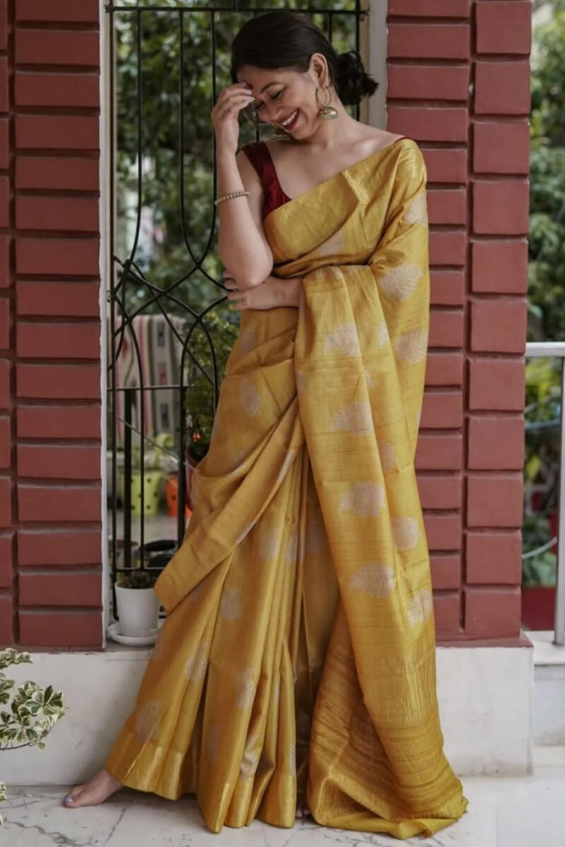 Extraordinary Mustard Linen Silk Saree With Innovative Blouse Piece