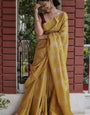 Extraordinary Mustard Linen Silk Saree With Innovative Blouse Piece