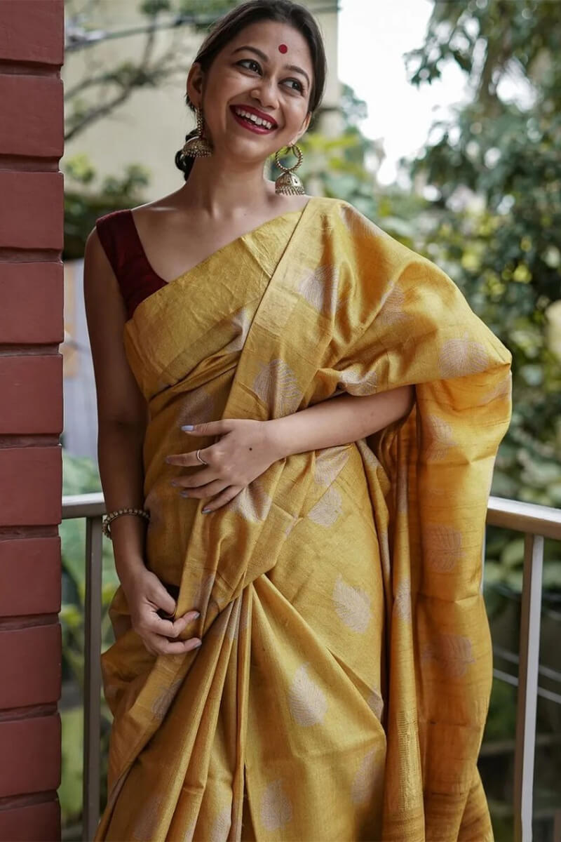 Extraordinary Mustard Linen Silk Saree With Innovative Blouse Piece