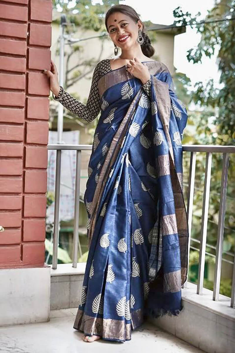Desiring Navy Blue Linen Silk Saree With Mellifluous Blouse Piece