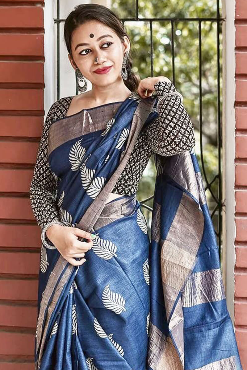 Desiring Navy Blue Linen Silk Saree With Mellifluous Blouse Piece