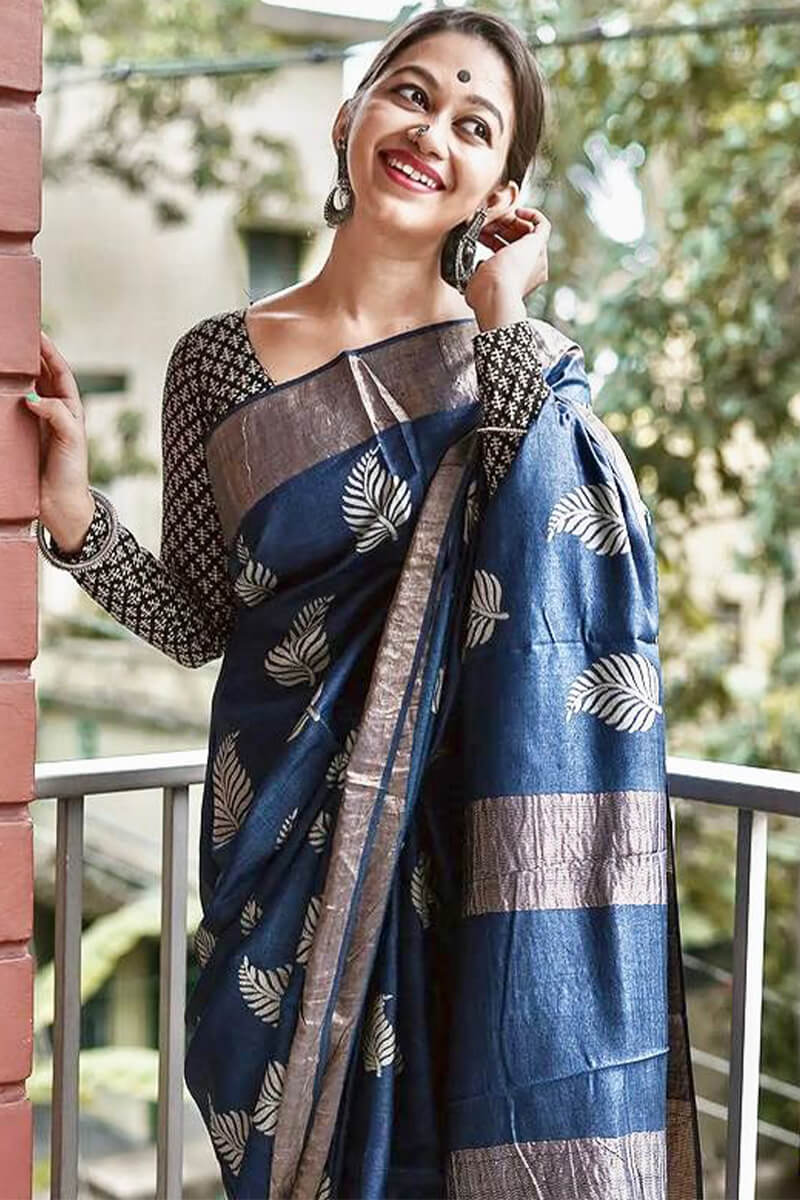 Desiring Navy Blue Linen Silk Saree With Mellifluous Blouse Piece