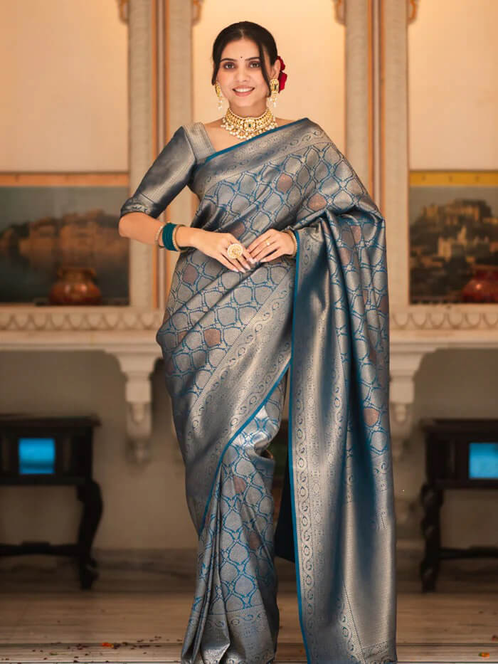 Scrumptious Blue Soft Silk Saree With Tremendous Blouse Piece