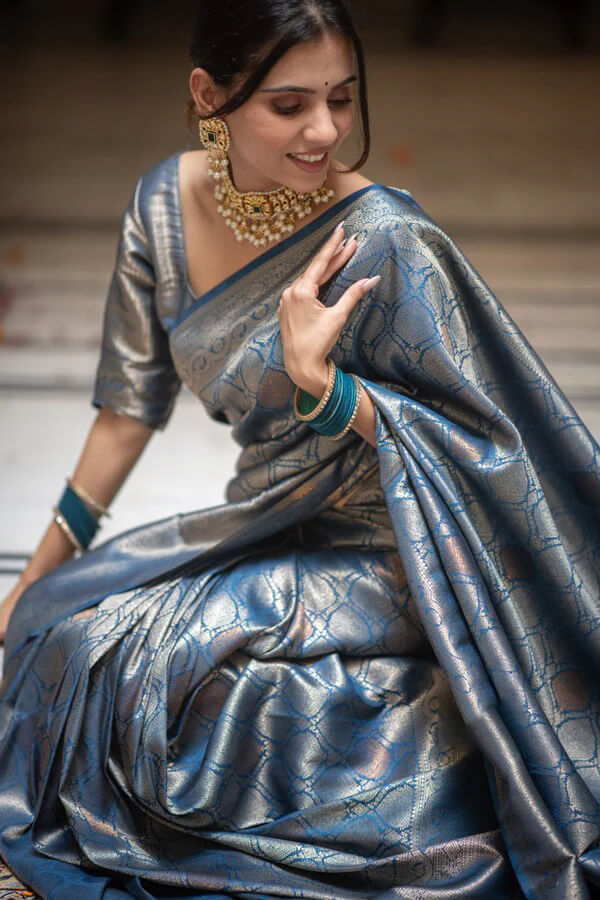 Scrumptious Blue Soft Silk Saree With Tremendous Blouse Piece