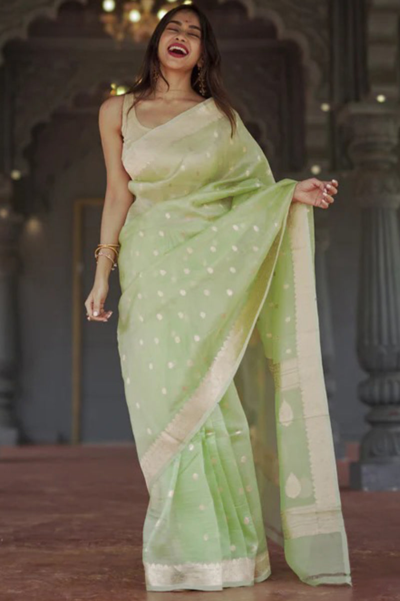 Nebula Pista Linen Silk Saree With Alluring Blouse Piece