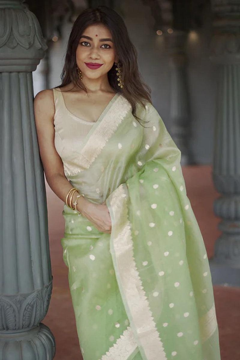 Nebula Pista Linen Silk Saree With Alluring Blouse Piece