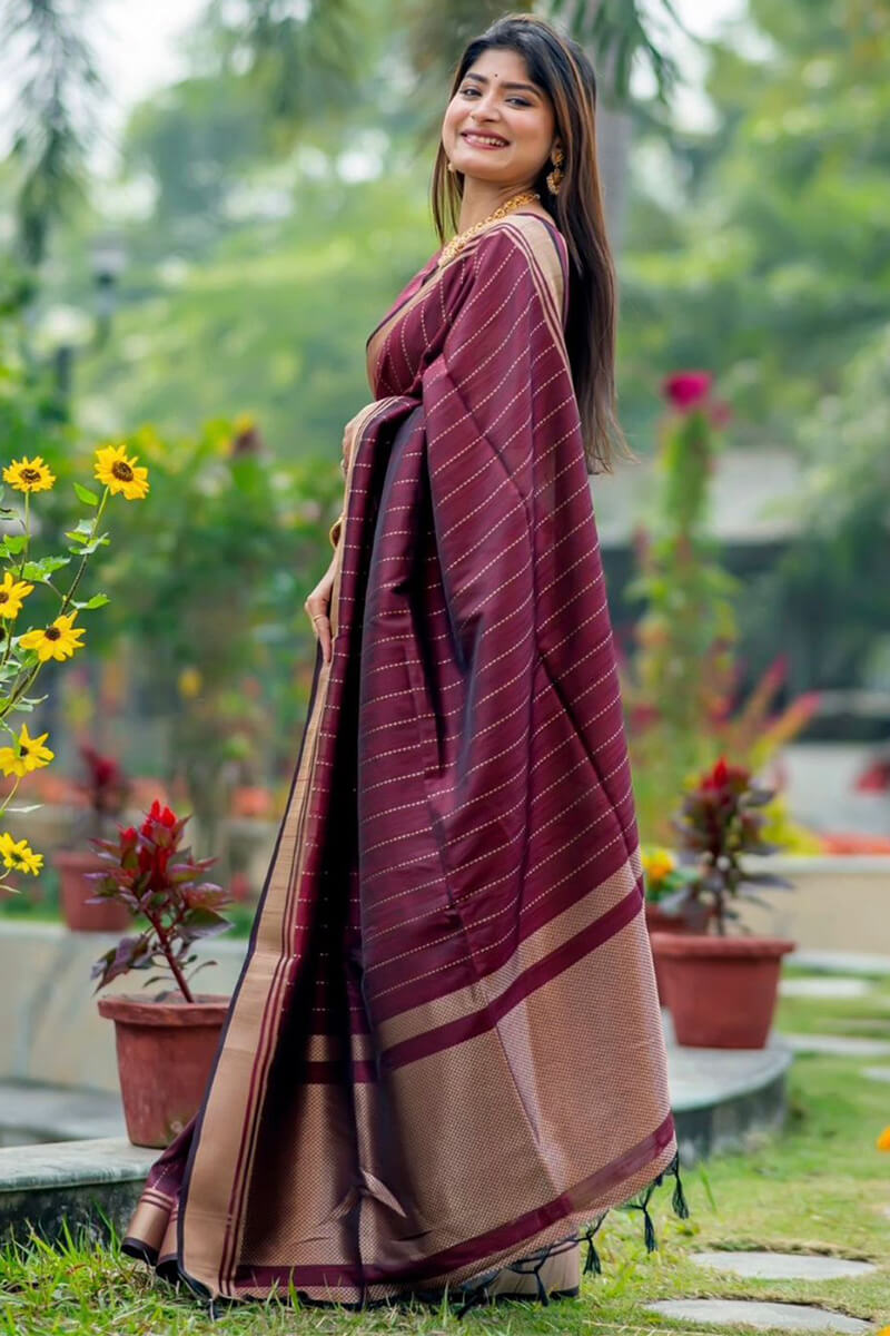 Exuberant Wine Soft Silk Saree With Mellifluous Blouse Piece