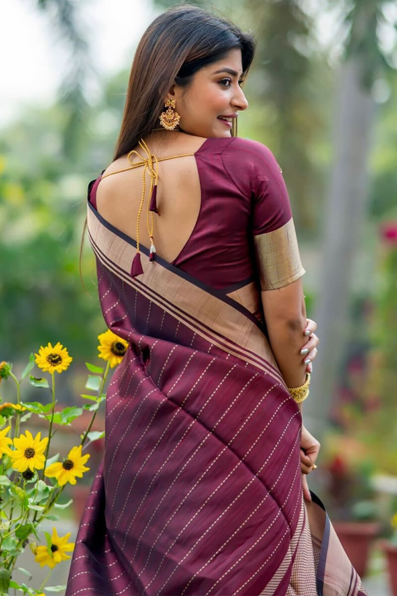 Exuberant Wine Soft Silk Saree With Mellifluous Blouse Piece