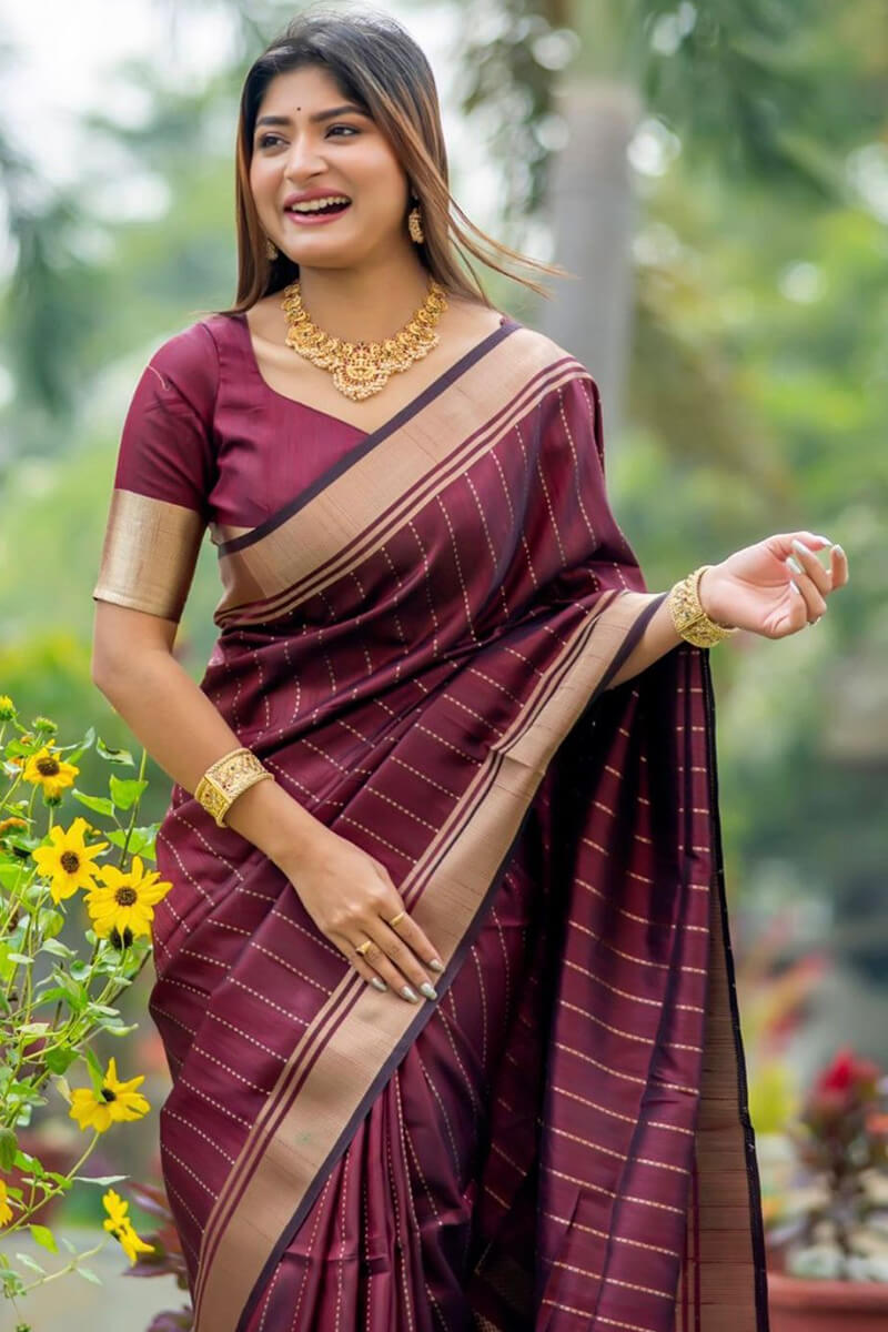 Exuberant Wine Soft Silk Saree With Mellifluous Blouse Piece