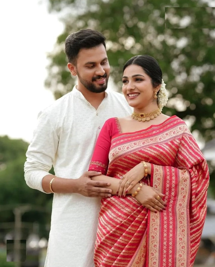 Lassitude Red Soft Silk Saree With Prodigal Blouse Piece
