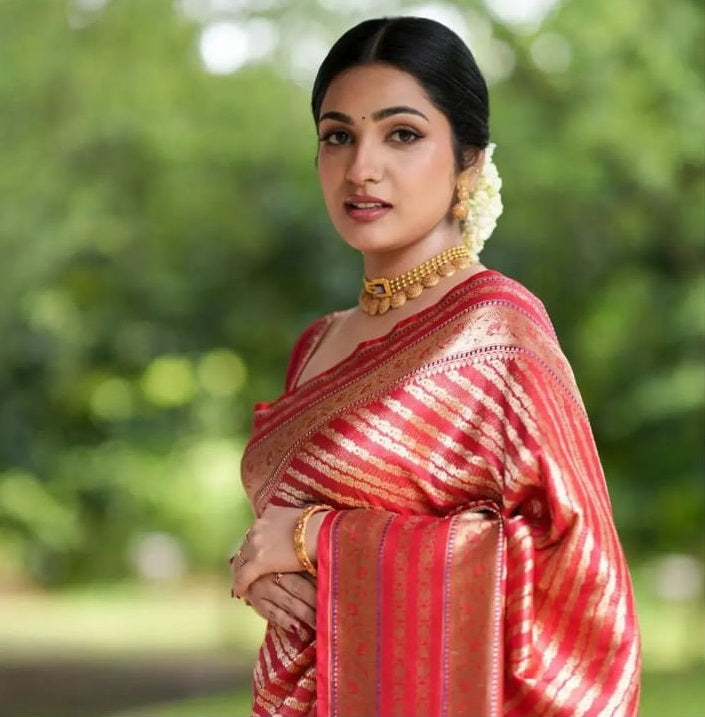 Lassitude Red Soft Silk Saree With Prodigal Blouse Piece