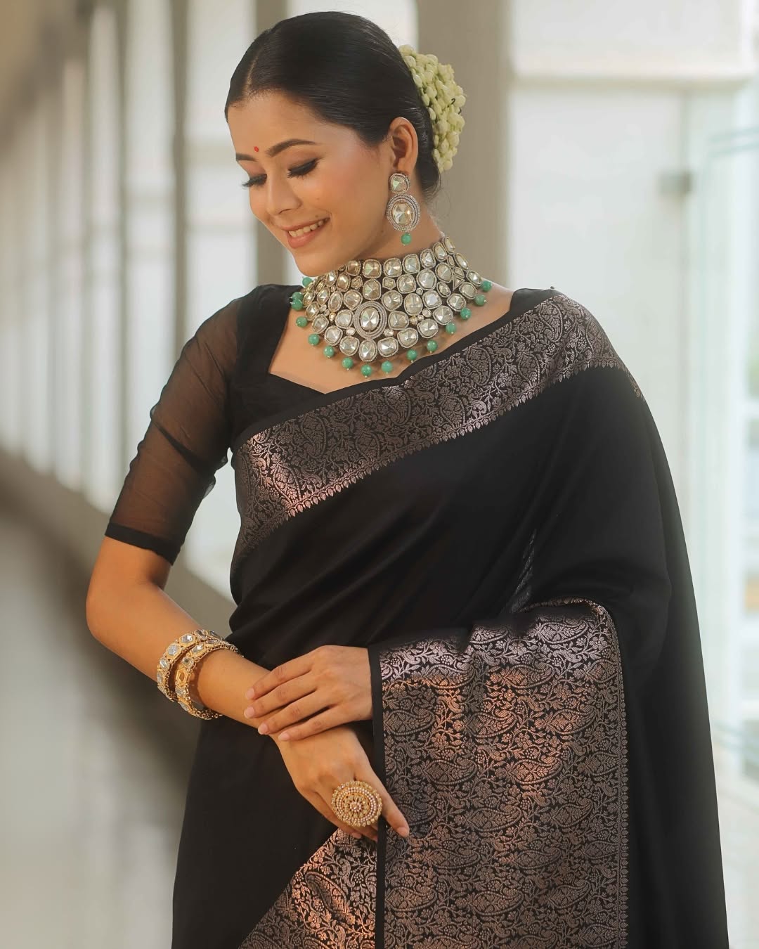 Artistic Black Soft Silk Saree With Divine Blouse Piece