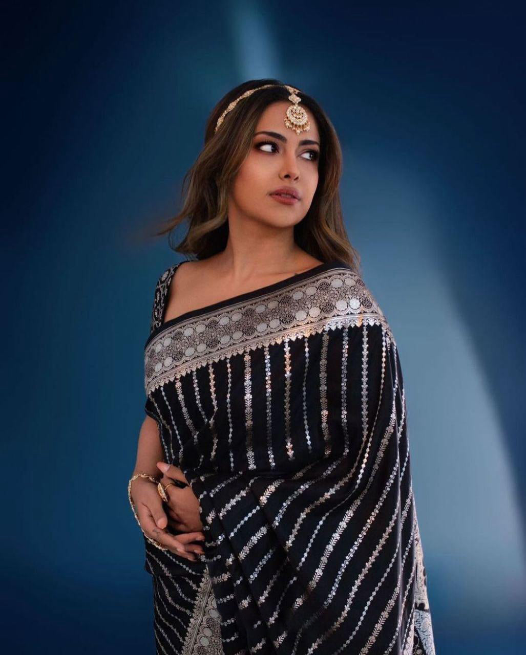 Outstanding Black Soft Silk Saree With Stunning Blouse Piece