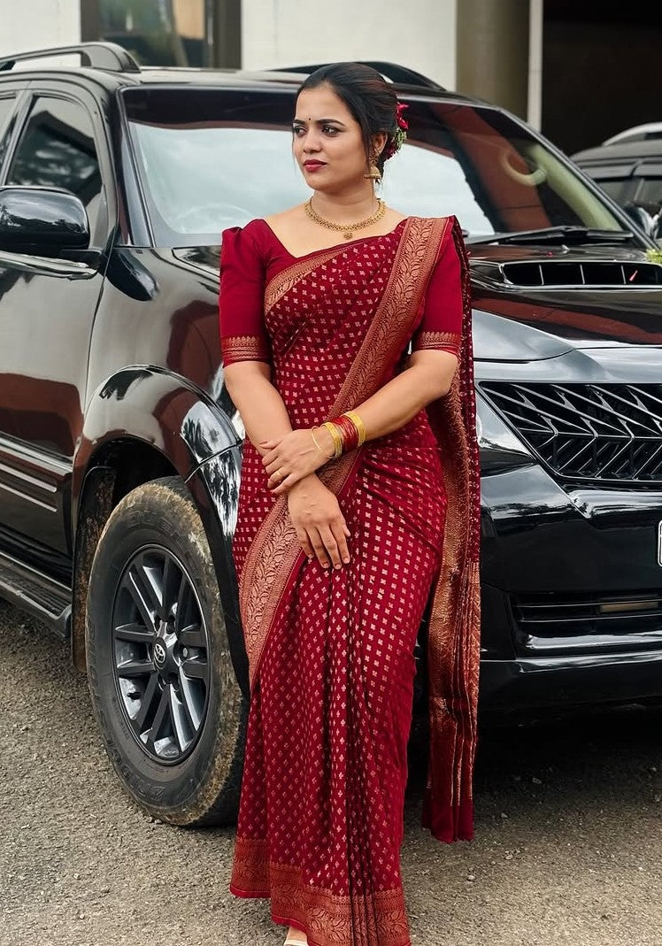 Lissome Wine Soft Silk Saree With Demure Blouse Piece