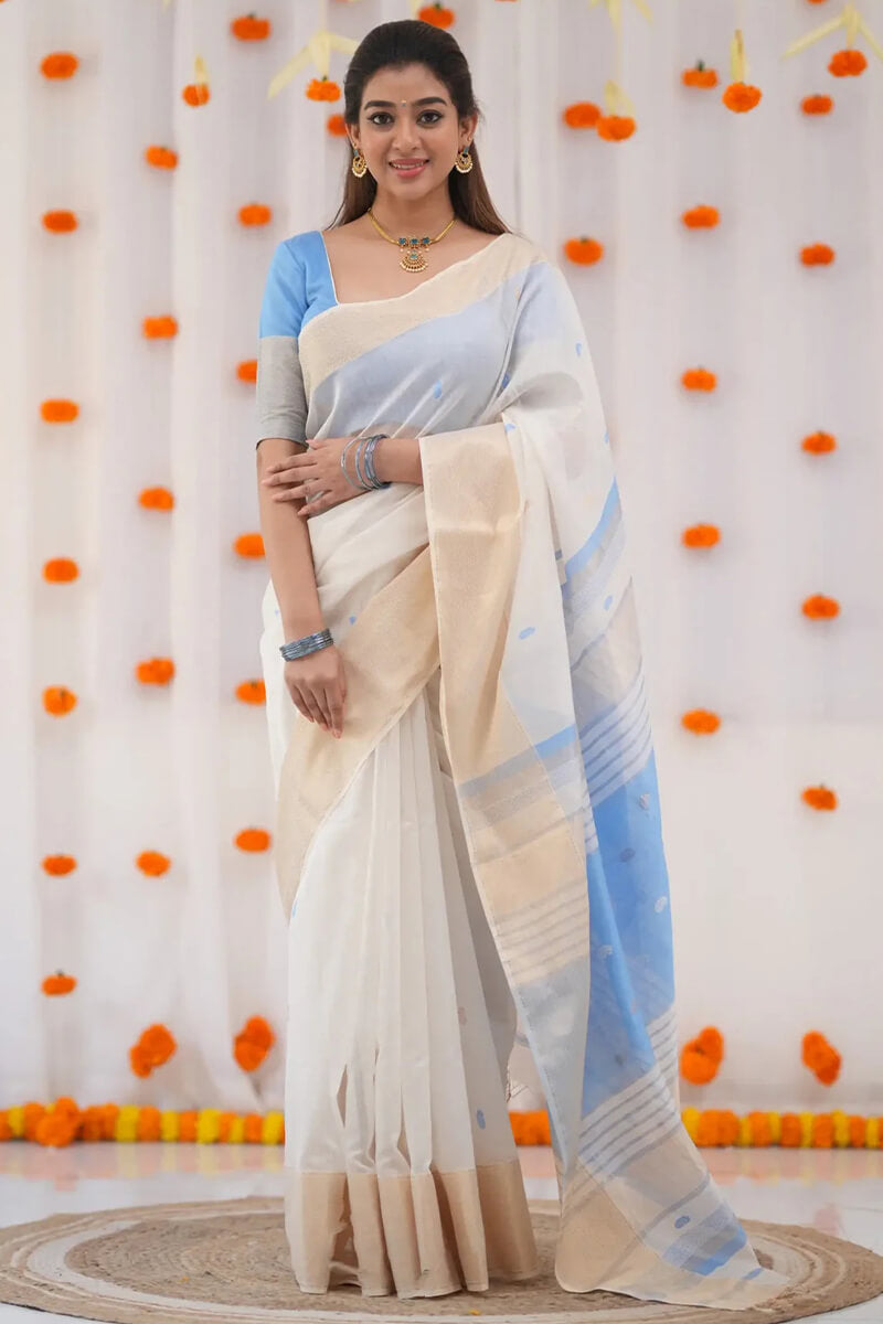 Incomparable Blue Cotton Silk Saree With Amiable Blouse Piece