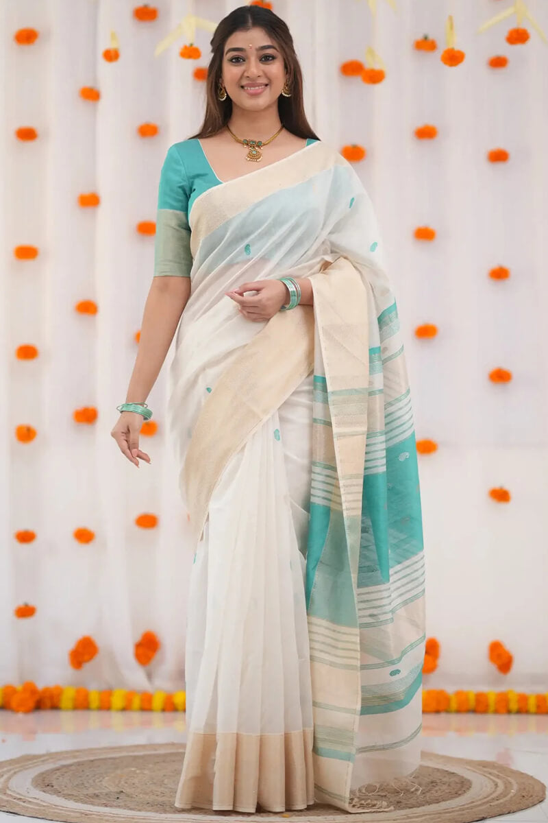 Delectable Firozi Cotton Silk Saree With Murmurous Blouse Piece