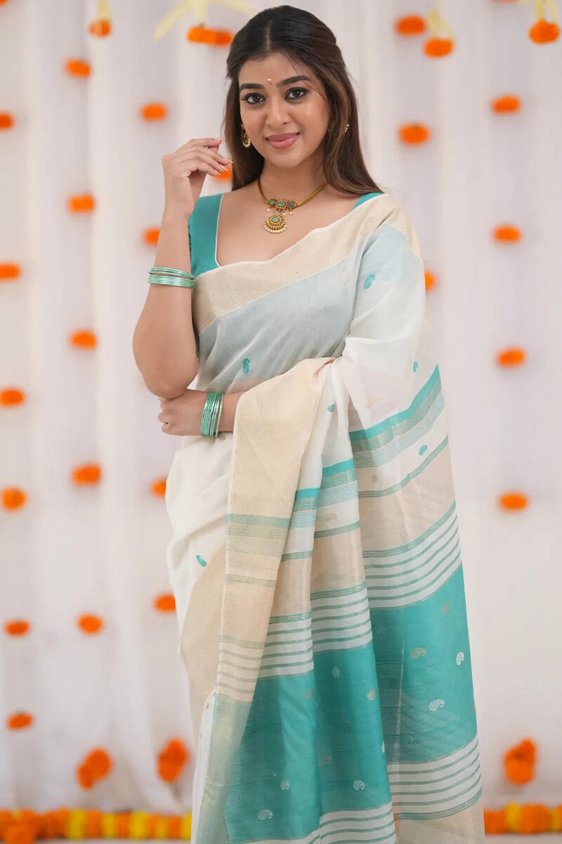 Delectable Firozi Cotton Silk Saree With Murmurous Blouse Piece
