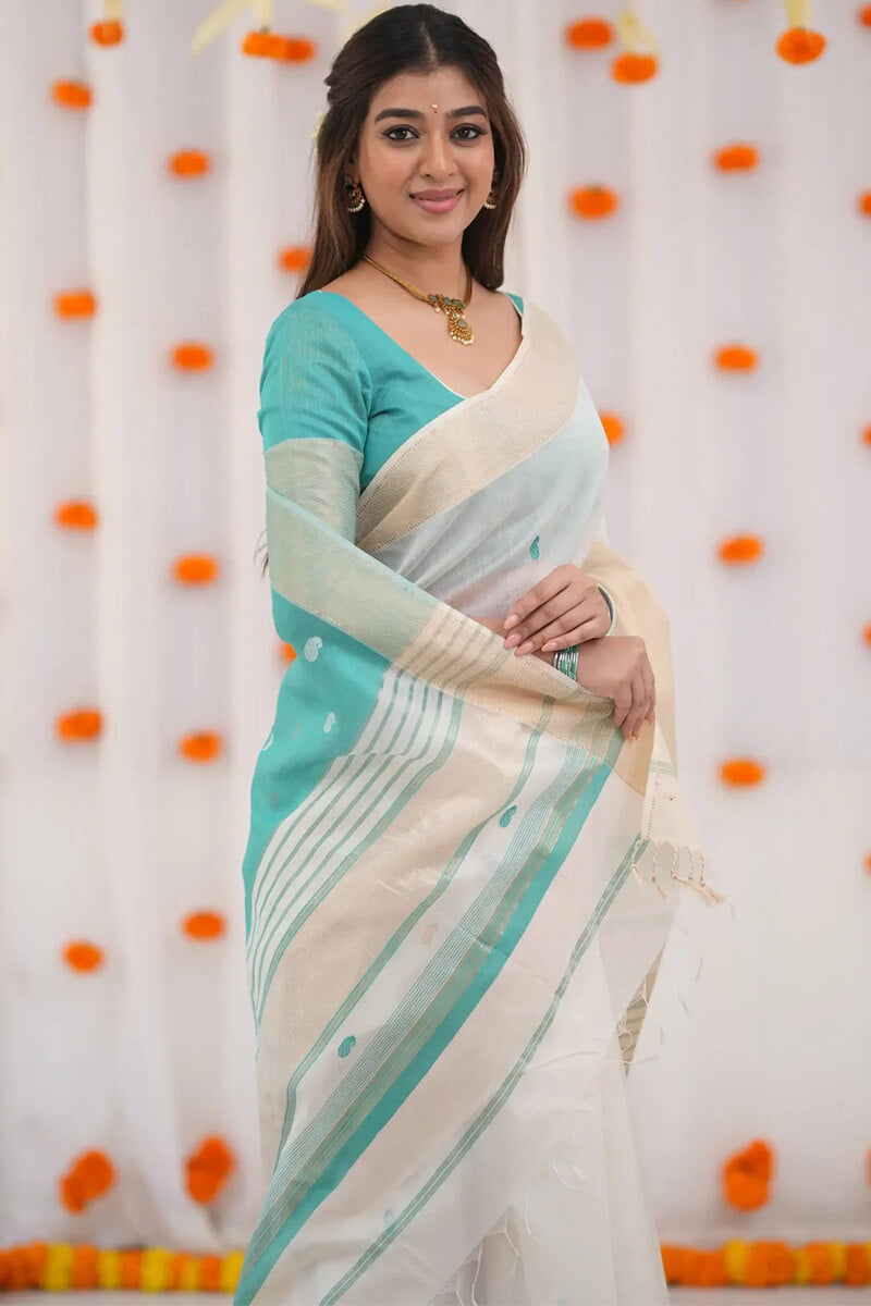 Delectable Firozi Cotton Silk Saree With Murmurous Blouse Piece
