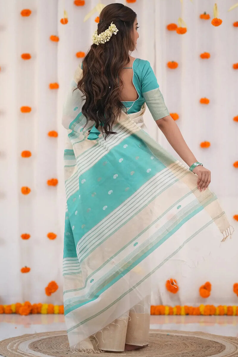 Delectable Firozi Cotton Silk Saree With Murmurous Blouse Piece