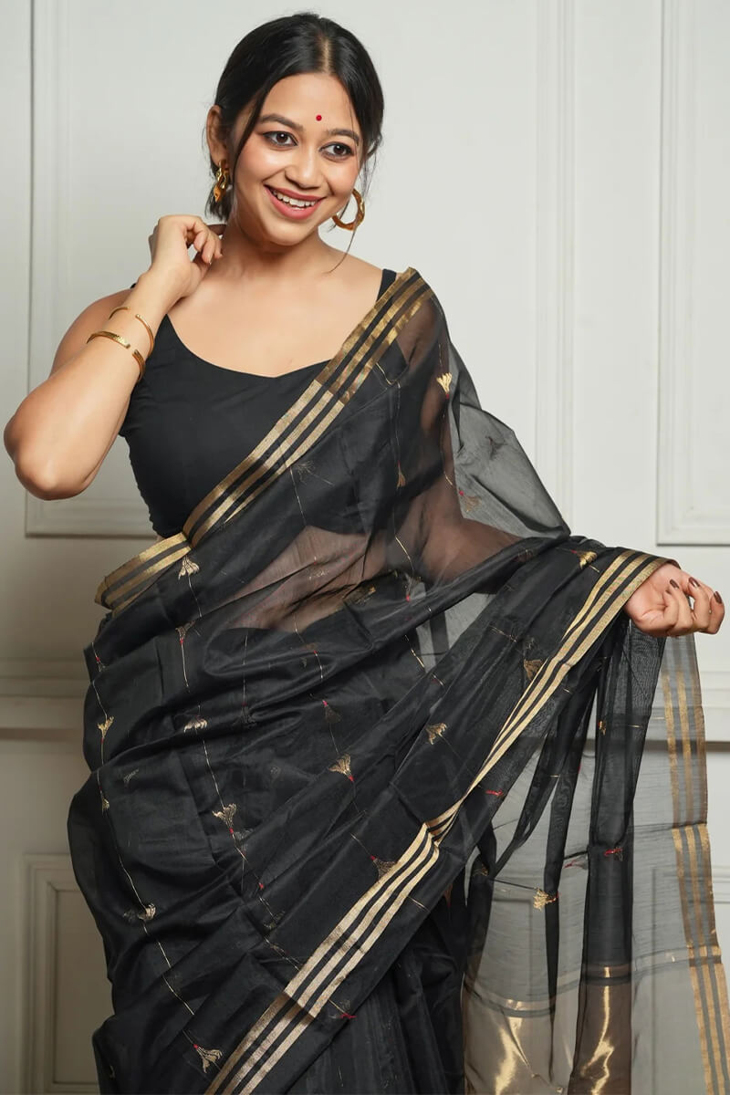 Ornate Black Cotton Silk Saree With Snappy Blouse Piece