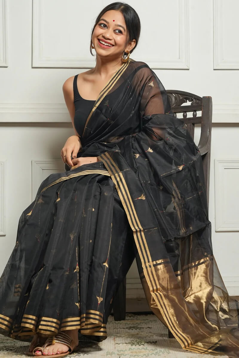 Ornate Black Cotton Silk Saree With Snappy Blouse Piece