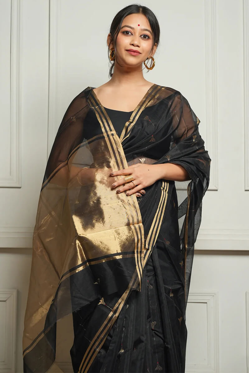 Ornate Black Cotton Silk Saree With Snappy Blouse Piece