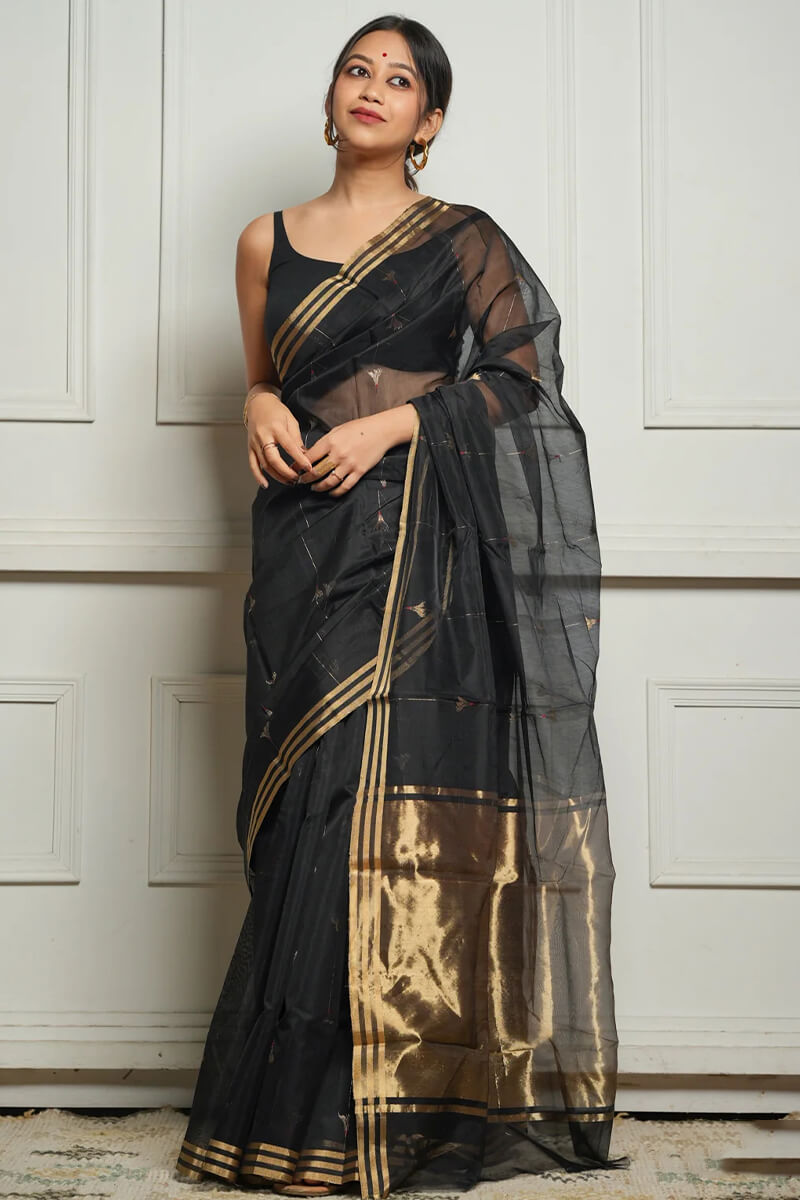 Ornate Black Cotton Silk Saree With Snappy Blouse Piece