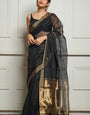 Ornate Black Cotton Silk Saree With Snappy Blouse Piece