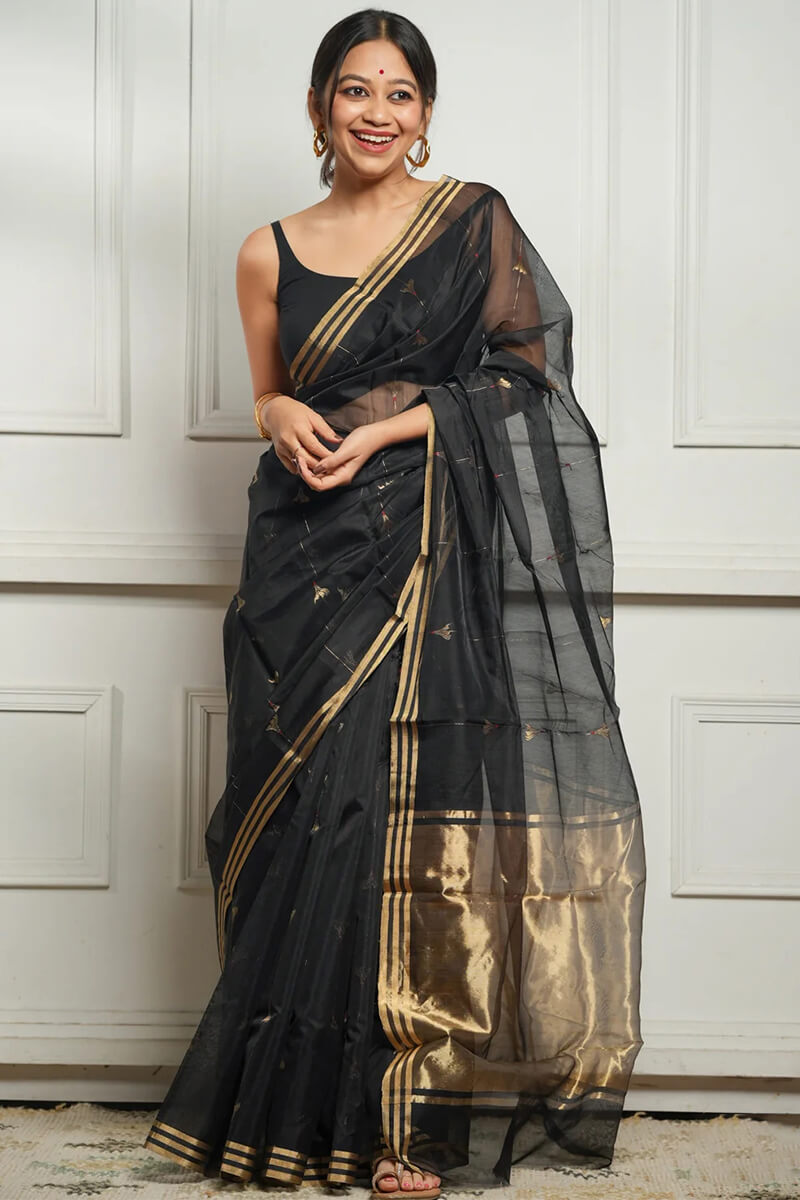 Ornate Black Cotton Silk Saree With Snappy Blouse Piece