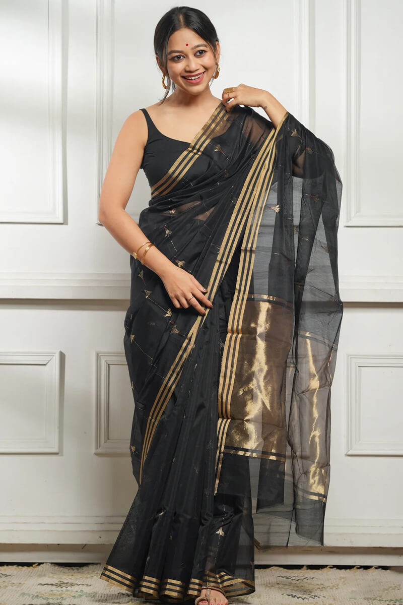 Ornate Black Cotton Silk Saree With Snappy Blouse Piece