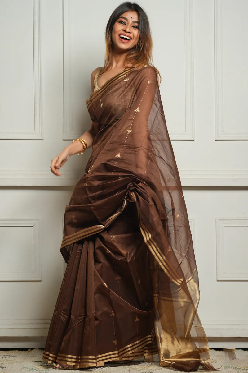 Devastating Brown Cotton Silk Saree With Imbrication Blouse Piece