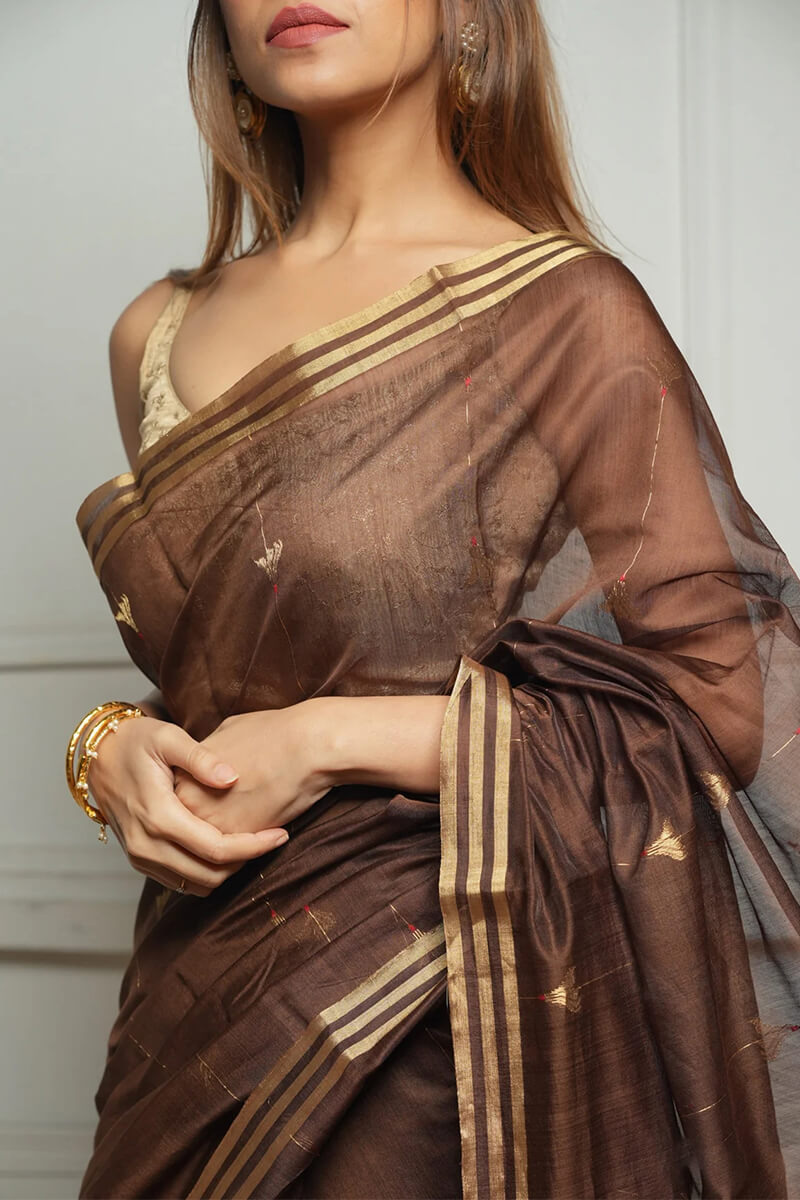 Devastating Brown Cotton Silk Saree With Imbrication Blouse Piece