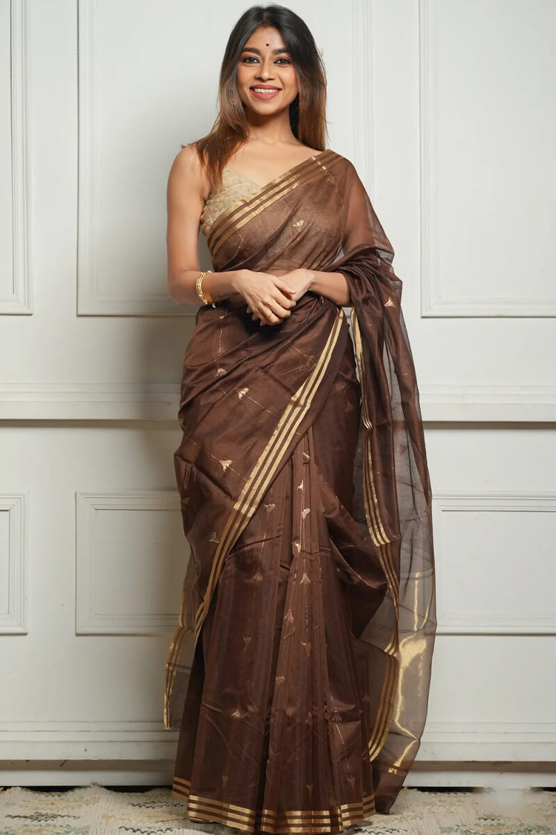 Devastating Brown Cotton Silk Saree With Imbrication Blouse Piece